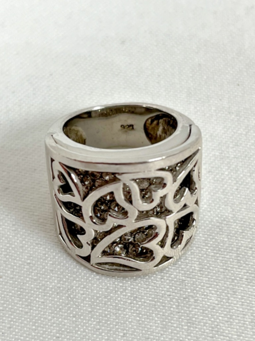 RARE VTG .925 Sterling Silver Cut-Out Hearts Wide Cigar Band Ring Filligree Sz 6